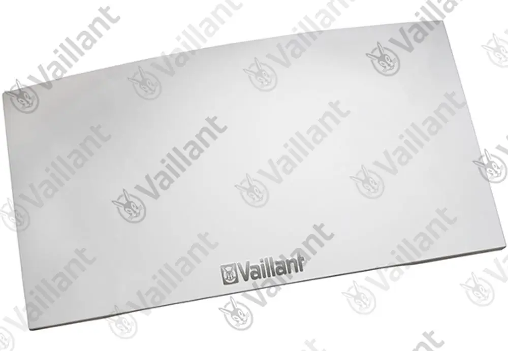Vaillant Metall-Deckel mit Logo auf glatter Oberfläche, rechteckig gestaltet.